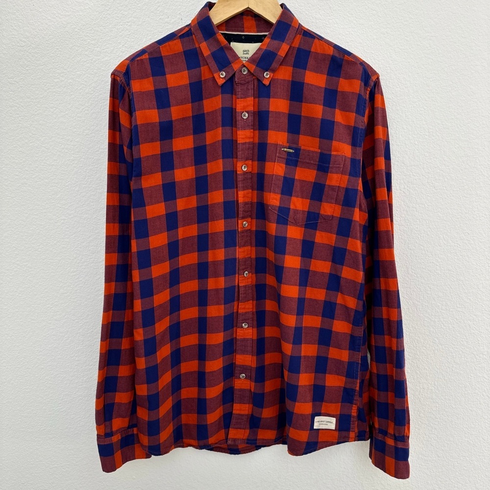 Scotch & Soda Shirt Men's Size XL Orange Blue Checked Long Sleeve Button Cotton